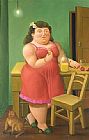 Woman Drinking With Cat by Fernando Botero